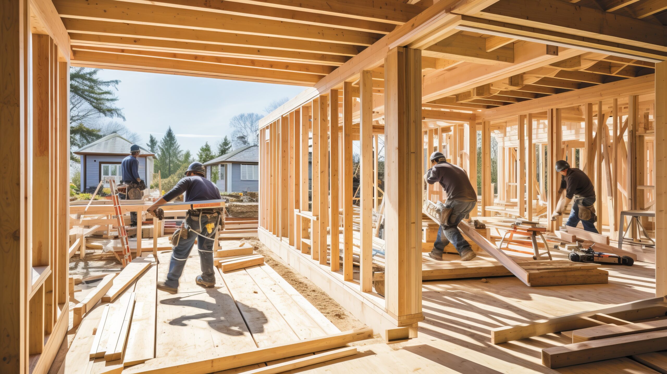 Installation par étapes des travailleurs de l'ossature en bois installant des racks et des cloisons dans une maison privée